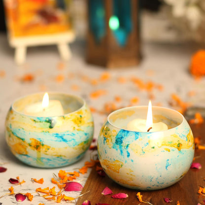  Yellow and blue designed candles, great for setting a relaxing mood in your living space.