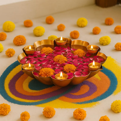 Kumuda Lotus Urli Bowl with 6 Attached Tealight Holders