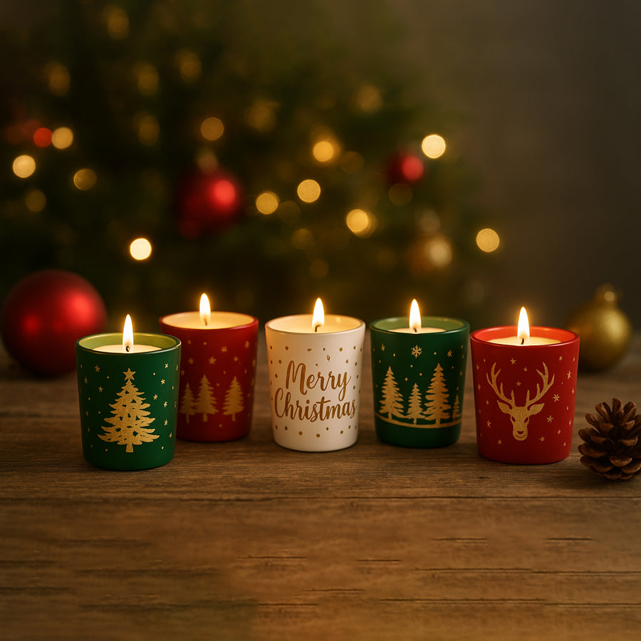 Five Christmas-themed candles on a wooden surface with a decorated tree in the background.