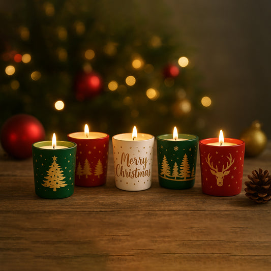 Five Christmas-themed candles on a wooden surface with a decorated tree in the background.
