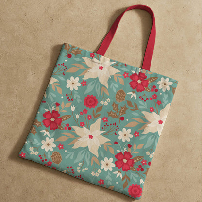 Stylish tote bag with a floral design and bold red handles, suitable for carrying essentials.