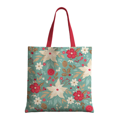 A chic floral pattern tote bag with bright red handles, perfect for shopping or casual outings.