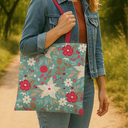 A tote bag adorned with a colorful floral pattern and striking red handles, perfect for everyday use.