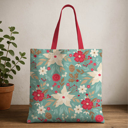  Floral pattern tote bag featuring vibrant red handles, ideal for casual outings or shopping trips.