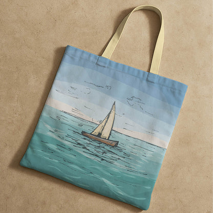 A tote bag illustrated with a sailboat on the ocean, evoking a sense of adventure and calmness at sea.