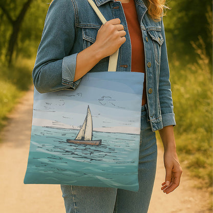 A tote bag design depicting a sailboat sailing on the ocean, capturing a tranquil nautical atmosphere.