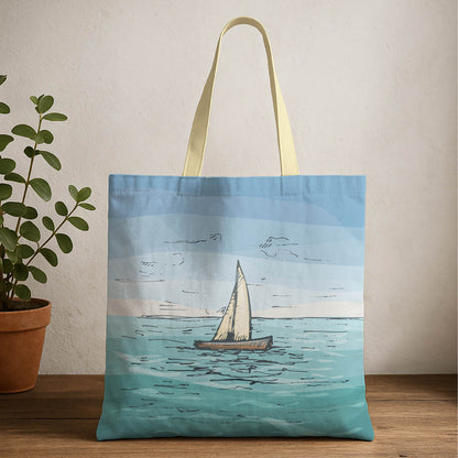 A tote bag featuring a sailboat gliding across the ocean waves, showcasing a serene maritime scene.