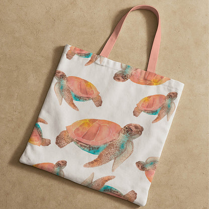 A tote bag showcasing a beautifully painted watercolor turtle illustration.