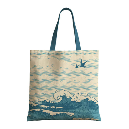 A tote bag with an artistic image of a bird flying over waves, reflecting a peaceful seaside atmosphere.