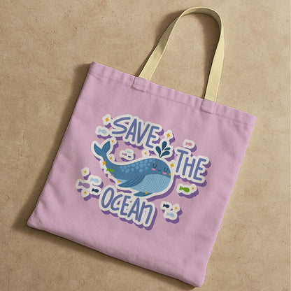 Stylish tote bag with a "Save the Ocean" slogan, adorned with colorful sea whale and waves.
