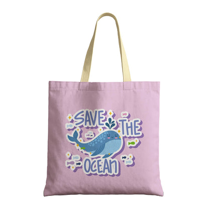 Canvas tote bag featuring a "Save the Ocean" design, promoting awareness of ocean preservation efforts.