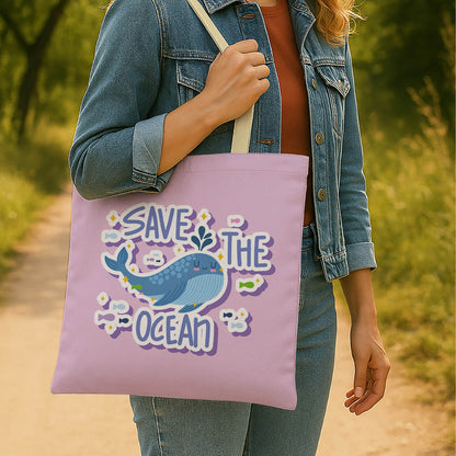 Eco-friendly tote bag displaying a "Save the Ocean" message alongside marine life illustrations and a whale design.

