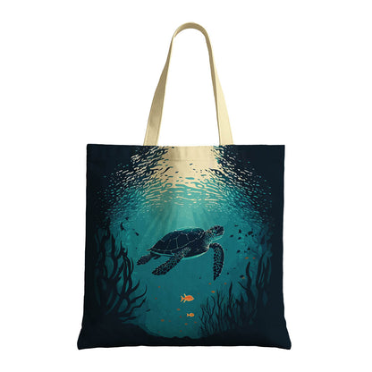 A tote bag depicting a sea turtle swimming in the ocean, capturing the essence of marine life and environmental awareness.