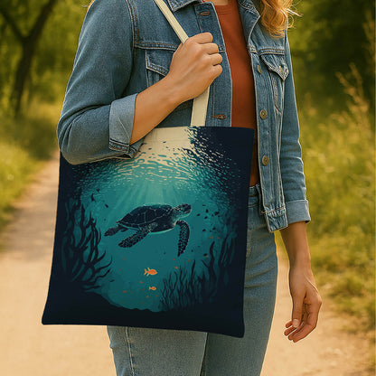 A tote bag adorned with an illustration of a sea turtle gliding through the ocean waters, emphasizing marine conservation.
