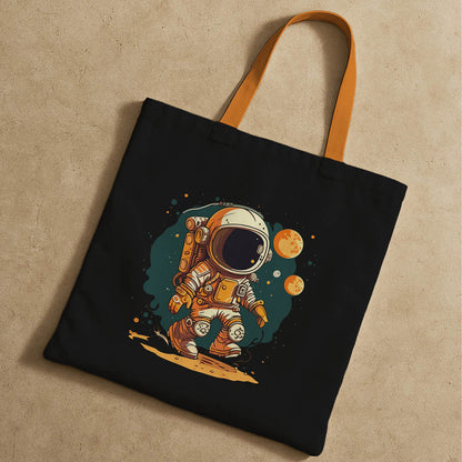 A tote bag adorned with a cartoon astronaut graphic, emphasizing a fun and adventurous space motif.