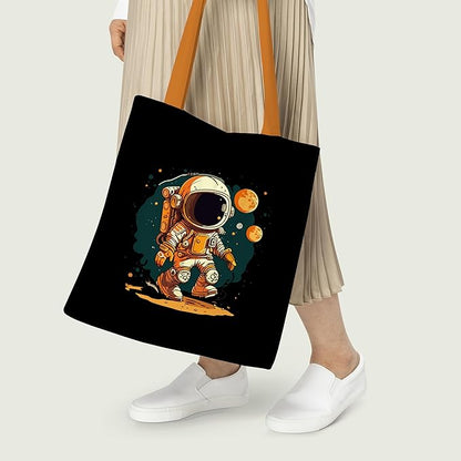 Cartoon image of an astronaut on a tote bag, highlighting a creative and playful representation of space exploration.