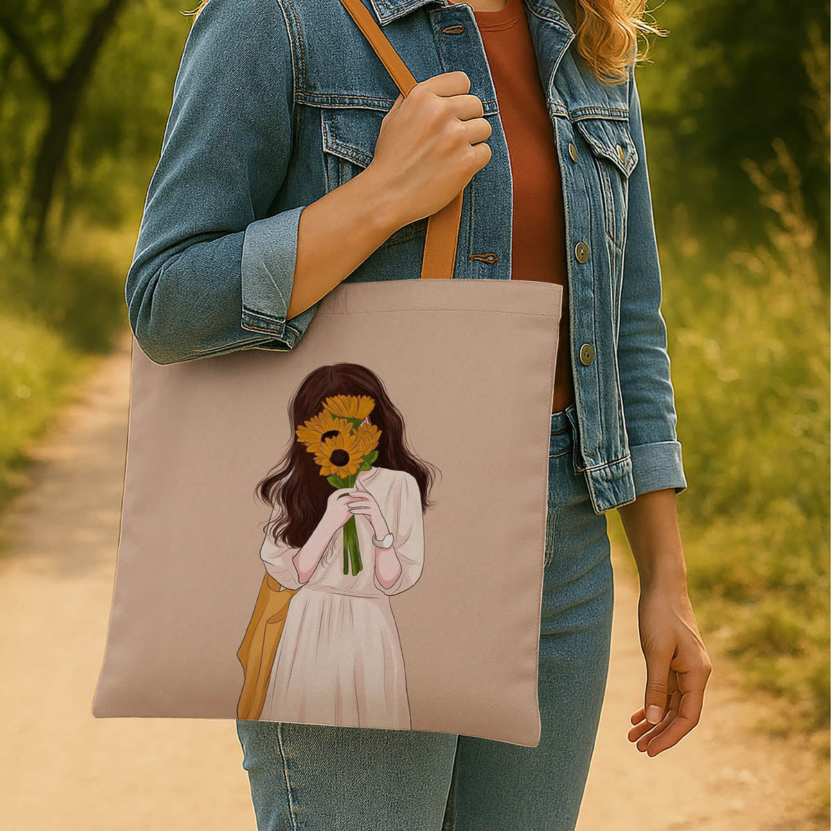 A tote bag adorned with an illustration of a girl grasping a bright sunflower.
