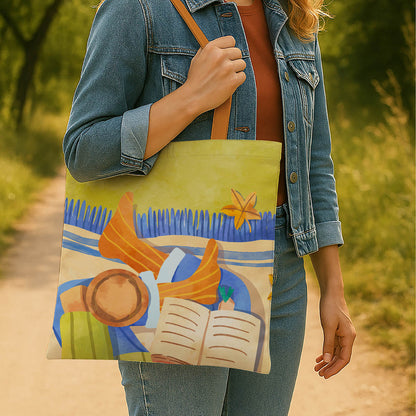 A tote bag adorned with an illustration of a woman reading a book