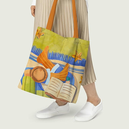 A tote bag displaying a painting of a woman enjoying a book
