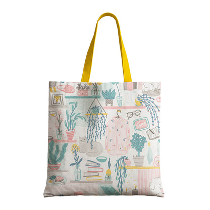 A tote bag featuring a cheerful design of colorful plants, ideal for everyday use.