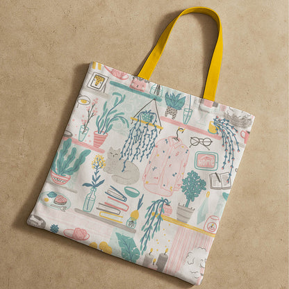 A tote bag with a bright, intricate pattern showcasing an array of plants and greenery.