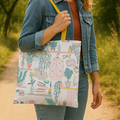 A colorful tote bag displaying a lively pattern of plants and botanical designs.