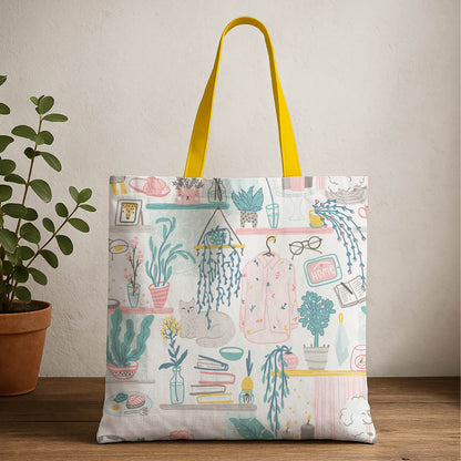 A tote bag featuring a vibrant pattern adorned with various plants and foliage.