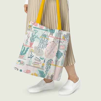  A stylish tote bag decorated with a colorful plant pattern, perfect for casual outings.