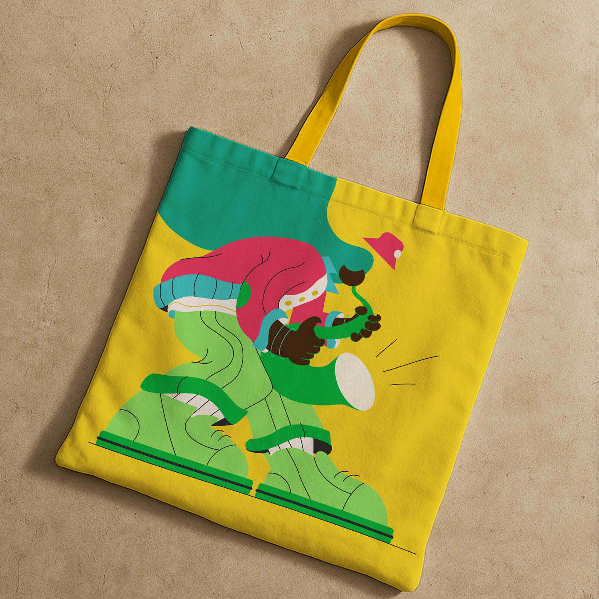 Bright yellow tote bag showcasing a cartoon character, suitable for carrying personal items or groceries.