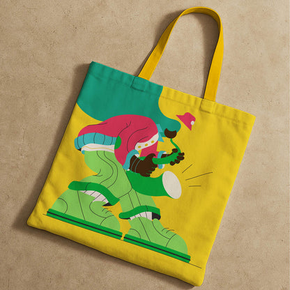 Bright yellow tote bag showcasing a cartoon character, suitable for carrying personal items or groceries.