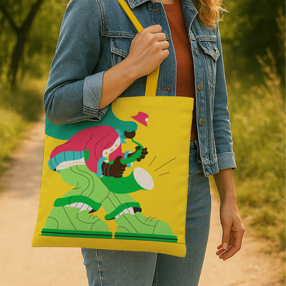 A vibrant yellow tote bag adorned with a playful cartoon character, ideal for everyday use