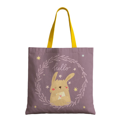 A tote bag showcasing a bunny and the word "hello," combining fun and functionality.