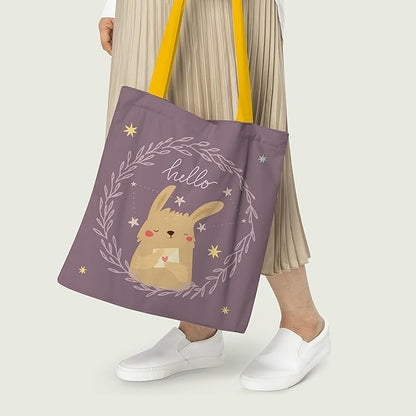 A delightful tote bag showcasing a cute bunny motif, perfect for transporting items while expressing a fun personality.