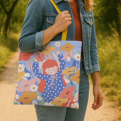 A stylish tote bag depicting a girl with a backdrop of blooming flowers, emphasizing a lively aesthetic.
