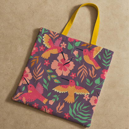 A cheerful tote bag decorated with various birds and flowers in bright colors, perfect for casual outings.
