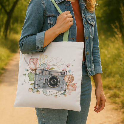 A tote bag displaying a photograph of a camera, emphasizing its design