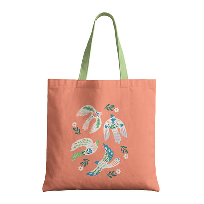 A tote bag displaying a lively, colorful birds design, suitable for shopping or daily use.