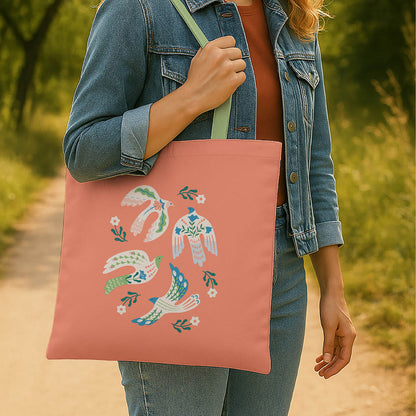 A stylish tote bag adorned with bright birds, colorful pattern, perfect for casual outings.