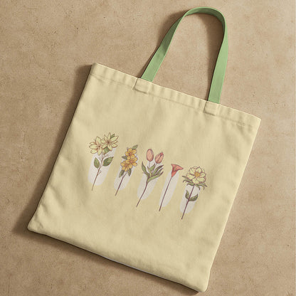 A tote bag decorated with an array of flowers, combining elegance and functionality for daily use.