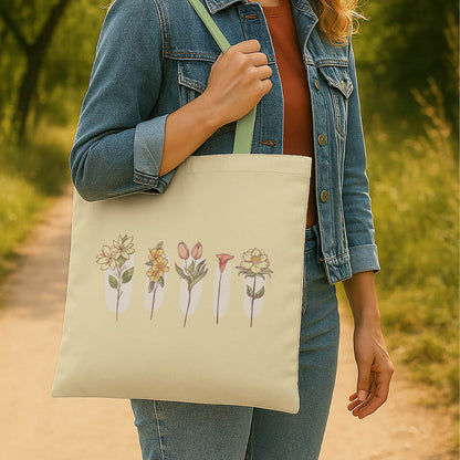 A stylish tote bag adorned with a vibrant floral pattern, perfect for carrying everyday essentials.