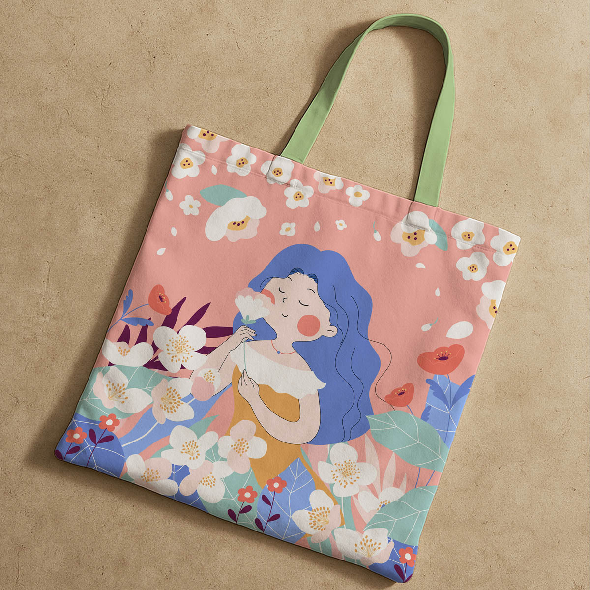 A tote bag illustrating a woman in a  dress amidst a floral arrangement.