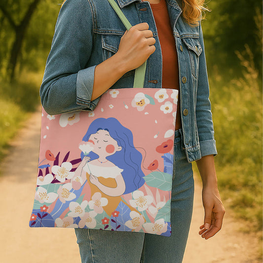 A tote bag displaying a woman in a orange dress with vibrant flowers in the background.