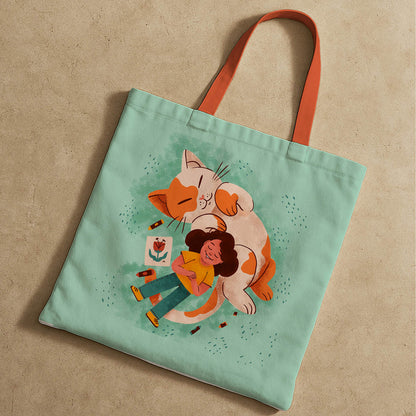 A tote bag displaying a charming image of a girl alongside a cat, perfect for animal lovers