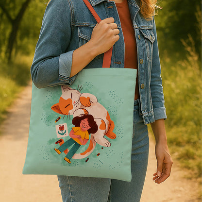 A tote bag adorned with an illustration of a girl and her cat, showcasing a whimsical style.