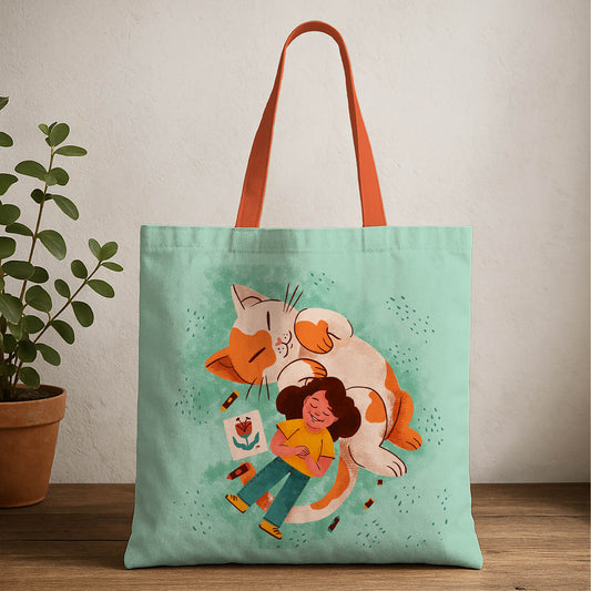 A tote bag featuring a girl and a cat illustrated together in a playful design.