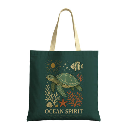Vibrant ocean spirit tote bag featuring turtle design and oceanic artwork, perfect for eco-conscious shoppers and beach lovers alike.