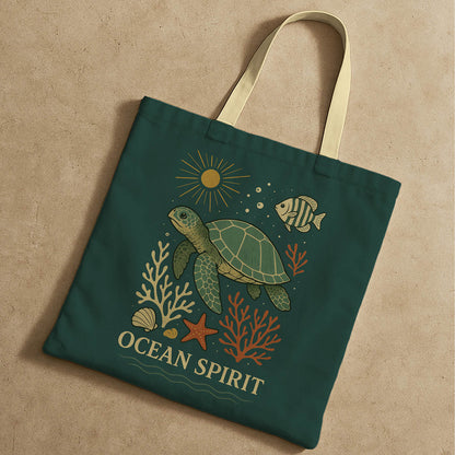 Eco-friendly ocean spirit tote bag showcasing a turtle and colorful ocean theme, suitable for daily use or beach trips.