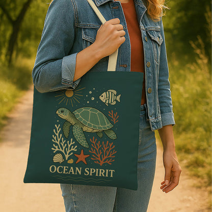 Stylish ocean spirit with turtle design tote bag adorned with aquatic motifs, ideal for carrying essentials to the beach or market.