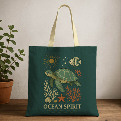 Ocean spirit tote bag featuring a turtle and ocean plants with vibrant marine design, perfect for beach outings and eco-friendly shopping.