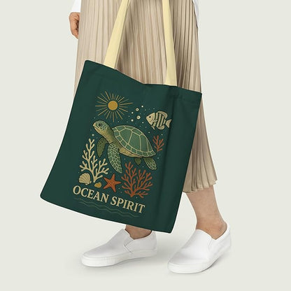 Ocean spirit tote bag with a turtle design and lively marine illustration, designed for versatile use in shopping or beach activities.